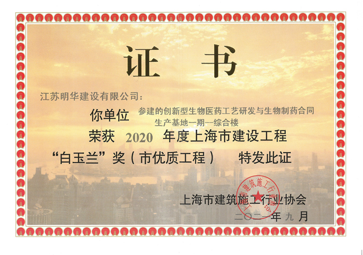 2020年度上海市“白玉兰”奖（市优质工程）参建奖